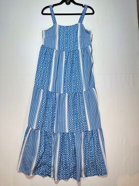 ONLY Tiered Maxi Dress Blue White Smocked Back Sleeveless Summer Size M